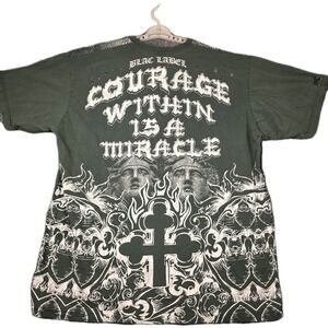 Black Label Men's  Graphic T-Shirt XL Green Y2K Gothic Distressed Biker